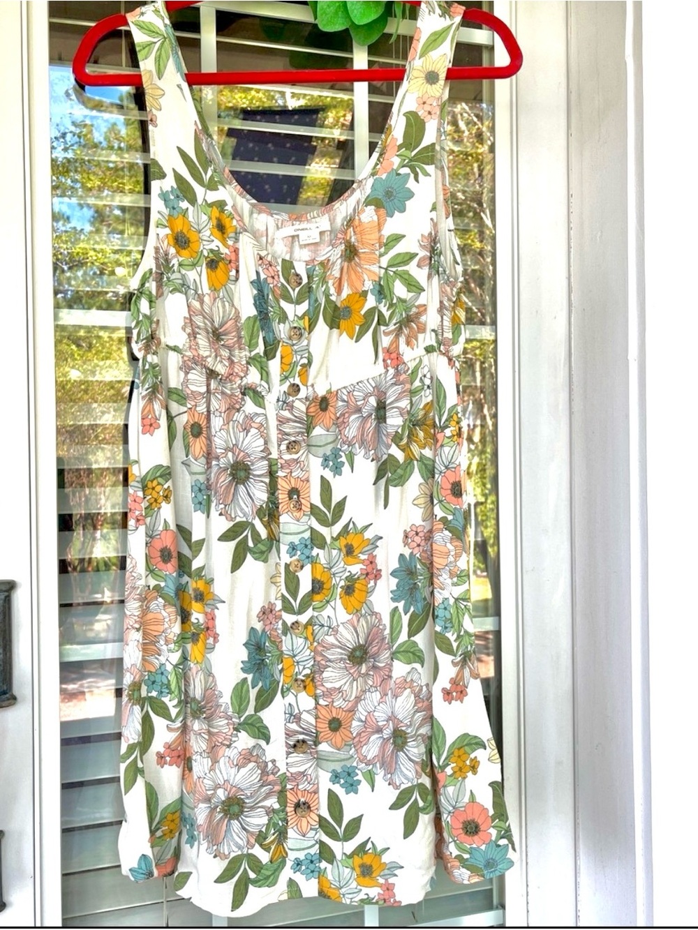 NWOT O’Neill Creamy White Floral Button-Front Dress w/ Green and Yellow Accents